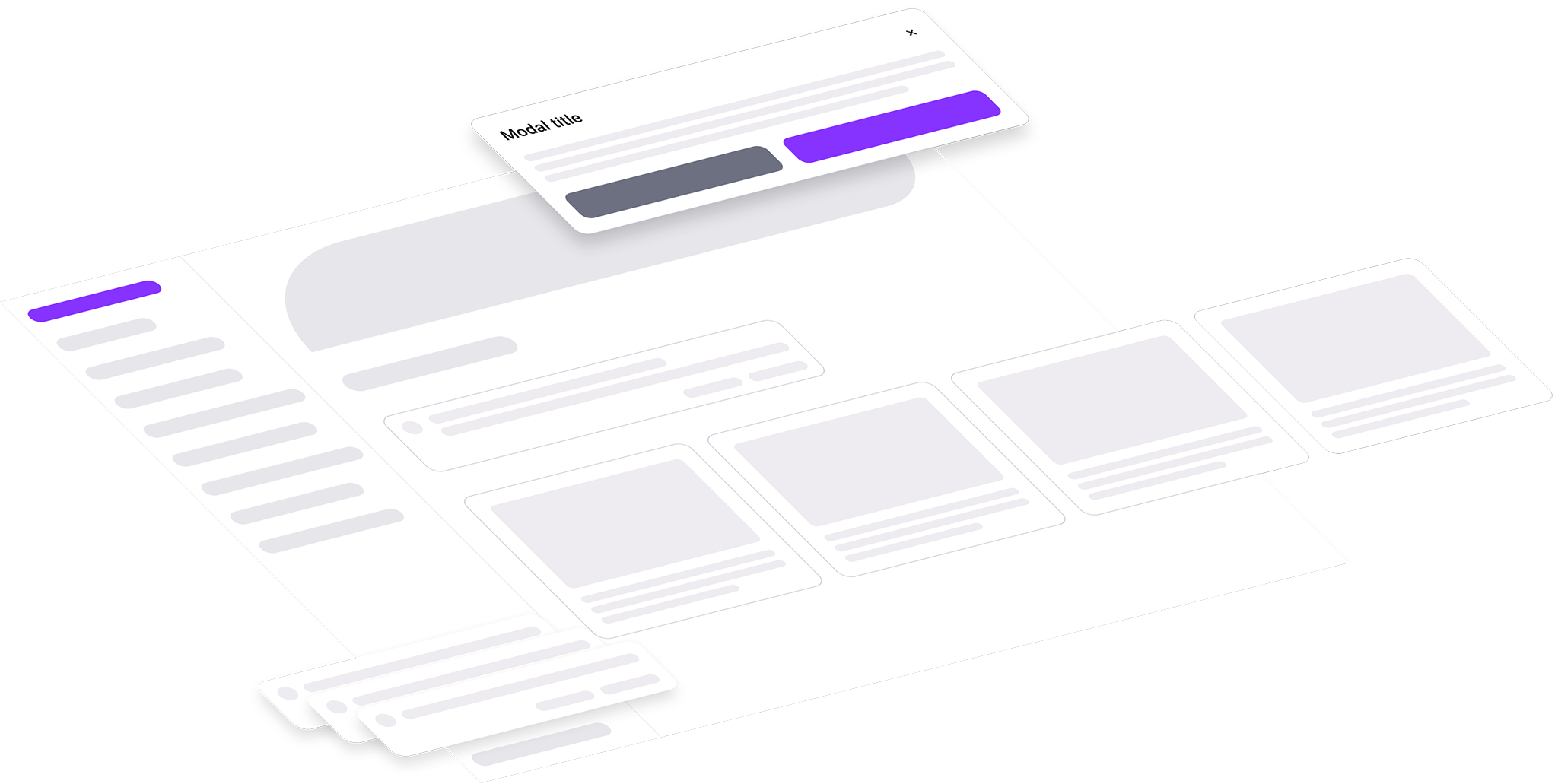 Illustration of a user interface with a dashboard layout, including sidebar navigation, content cards, floating modals, and highlighted buttons in purple.